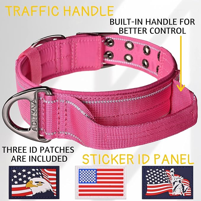 ADITYNA Heavy Duty Dog Collar for Extra-Large Girl Dogs - Reflective Pink Big Collar with Handle for Training, and Walking - Wide, Thick, Tactical, Soft Neoprene Padded