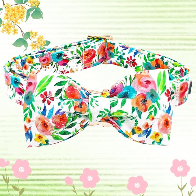 Dog Collar Flowers Print Pet Collar Soft Cute Dog Collar with Bow Tie Adjustable Metal Buckle Collar Gift Collar for Small Dogs