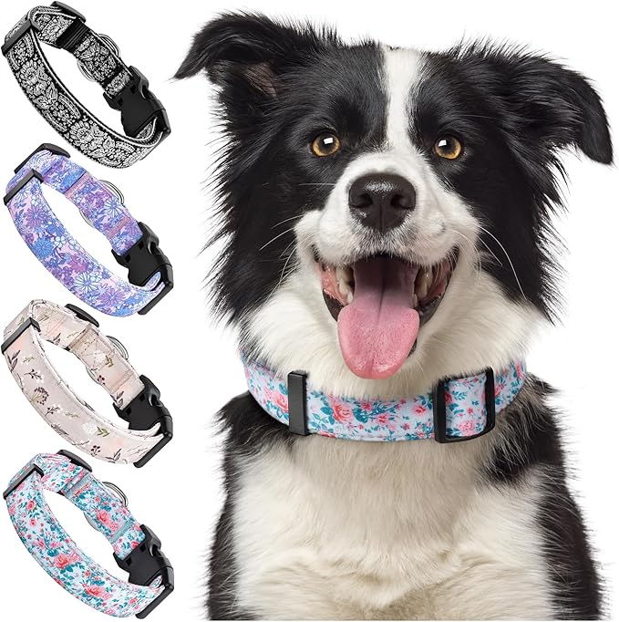 Dog Collar for Medium & Large Dogs - Rose Flowers Cotton Padded Pattern on Long Lasting, Adjustable, Strong and Durable Collars - Choose from Stunning Patterns and Colors