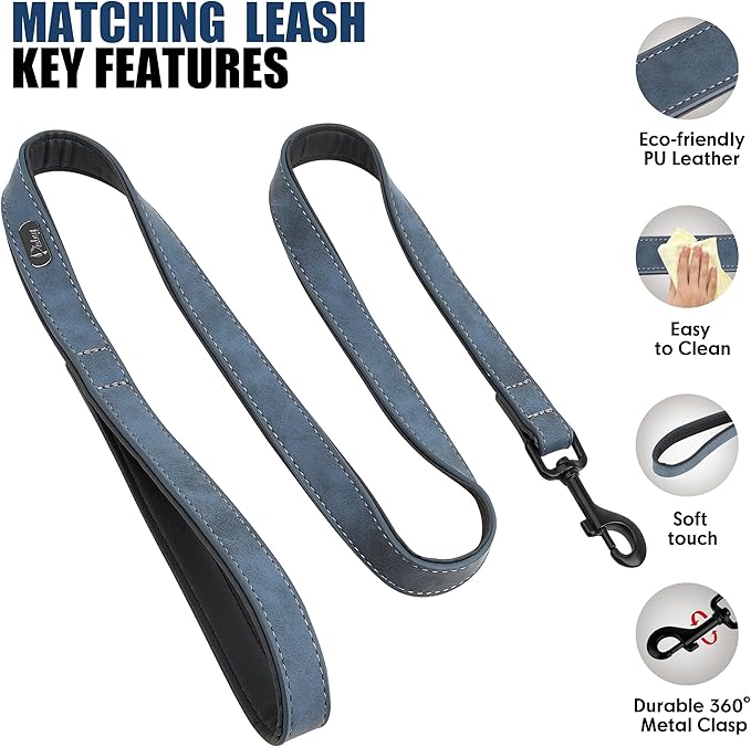Didog Soft Padded Leather Dog Collar and Leash Set, Heavy Duty Dog Leash and Collar Set with Metal Buckle, Breathable Dog Collars with 4FT Leather Dog Leash for Small Medium Dogs, Blue, M