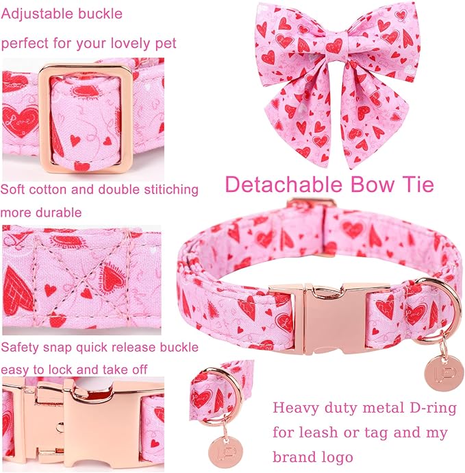 Valentine’s Dog Collar with Bow Tie, Pink Heart Bowtie Collar with Metal Buckle, Valentine’s Gift Pet Collar for Puppy Girl Boy Dog or Cat, Wedding Dog Collar,XL