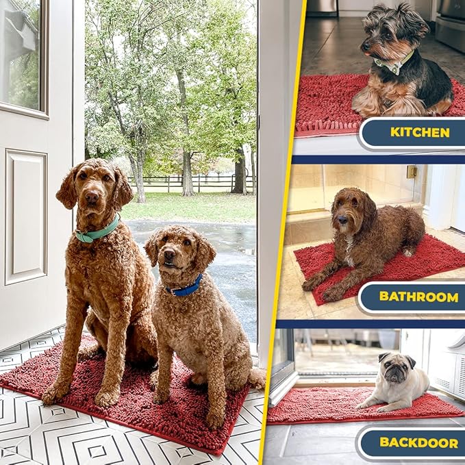 Muddy Mat® Shown on TV – Super Absorbent Microfiber Dog Door Mat for Muddy Paws, Non-Slip Washable Pet Rug, Quick Dry Chenille Entryway Carpet, Machine Washable Indoor Outdoor mat, Red 59"x35"
