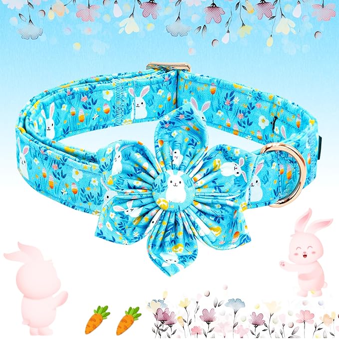 Lionheart glory Easter Day Dog Collar with Flower Dog Collar for Large Dogs, Easter Rabbits Colorful Dog Flower Collars Spring Bunnies Blue Collars Pet Collar Flowers
