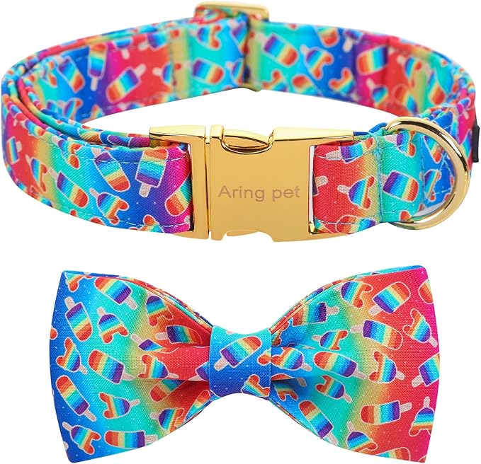 ARING PET LGBTQ Rainbow Popsicle Dog Collar with Bow, Cotton Pride Bowtie Pet Collar with Metal Buckle