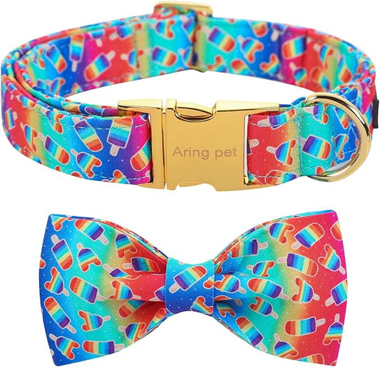 ARING PET LGBTQ Rainbow Popsicle Dog Collar with Bow, Cotton Pride Collar Bowtie with Metal Buckle