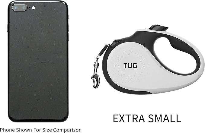 TUG Tiny 360° Tangle-Free Retractable Dog Leash with Anti-Slip Handle | 10 ft Nylon Tape| One-Handed Brake, Pause, Lock (White)
