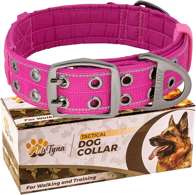ADITYNA Heavy Duty Dog Collar for Extra-Large Dogs - Reflective Magenta Collar with Handle for Training, and Walking - Wide, Thick, Tactical, Soft Neoprene Padded