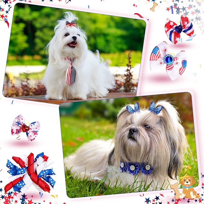 50 Pcs Dog Collar Bows Ties Set Patriotic Memorial Day 4th of July, Bow Flowers Charms Grooming for Small Medium Large Dogs Cats Collar Independence Day Party Decoration Costume Supplies
