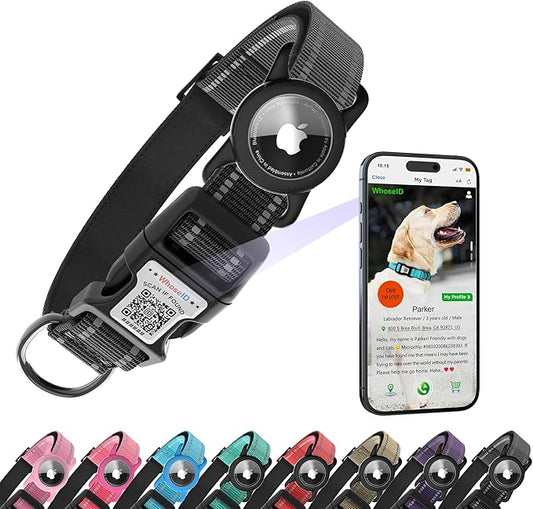 Dog Collar with QR Code, Reflective Dog Collar, Soft Neoprene Padded & Safety Locking Buckle Adjustable Pet Collar (Black, M-with Airtag Holder)