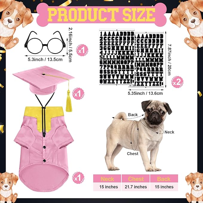 5 Pcs Dog Graduation Costume Set Include 2025 Pet Graduation Gown with Stole Puppy Grad Cap Lensless Glasses DIY Letter Stickers for Dogs Cats Holiday Costume Accessory(Pink Yellow,M)