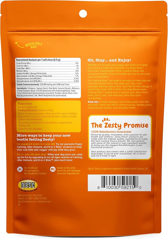 Zesty Paws Training Treats for Dogs - Training Treats for Puppies - Hip, Joint & Muscle Health - Immune, Brain, Heart, Skin & Coat Support - with Fish Oil Omega 3 Fatty Acids - Bacon Flavor – 8oz
