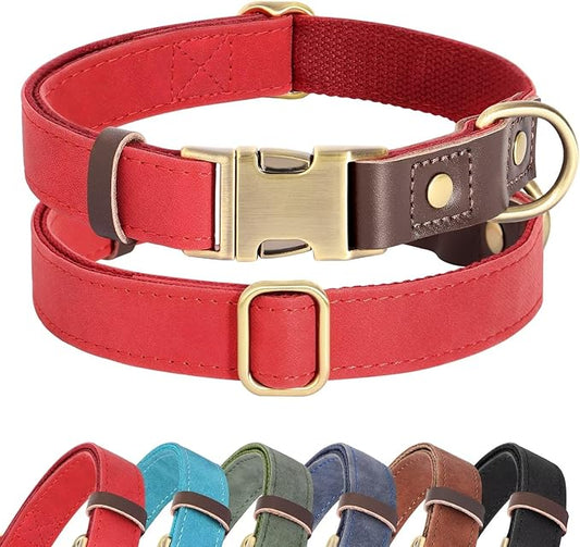 Didog Soft Padded Leather Dog Collars for Medium Dogs, Classic Heavy Duty Dog Collar Adjustable with Quick Release Metal Buckle,Red,M Neck 13-19"