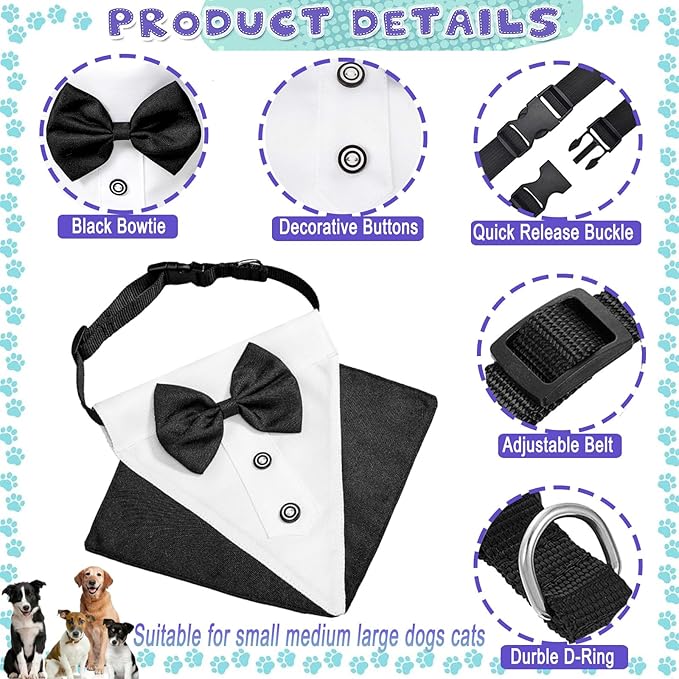 Tuxedo Costume Black Wedding Bandana Nylon Collar Suit With Bow Tie Adjustable Tux Formal Clothes for Small Medium Large Dogs Pet Halloween Birthday Christmas Dress Outfits