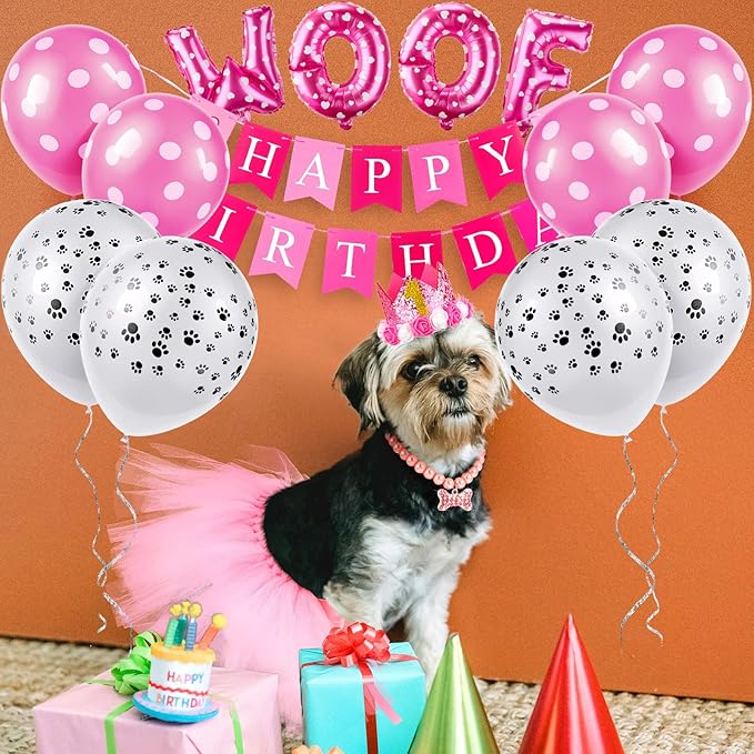 Maitys 13 Pcs Dog Birthday Party Supplies Cute Dog Girl Bandanas Set Pink Tutu Skirt Puppy Crown Hat Pearl Necklace Happy Birthday Banner 9 Pink Woof Paw Balloons Toy for Puppy Pet Cat