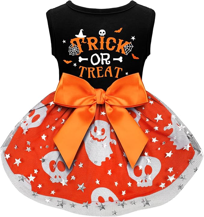 Dog Halloween Costumes Dog Dresses, Halloween Costumes for Dogs Funny Puppy Dress with Bow for Small Large Dogs, Pumpkin Witch Bat Pet Costume Halloween Christmas (Large, Trick or Treat)