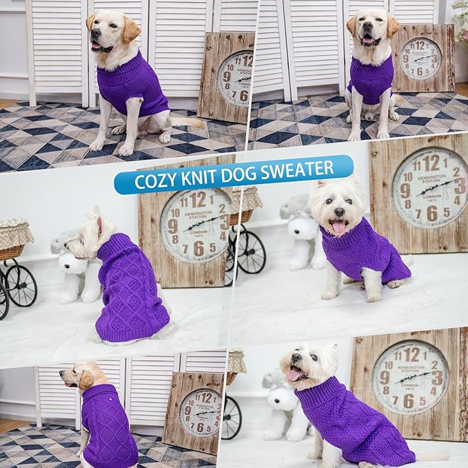 Mihachi Turtleneck Dog Sweater - Winter Coat Apparel Classic Cable Knit Clothes with Leash Hole for Cold Weather, Ideal Gift for Pet in New Year Purple X-Small