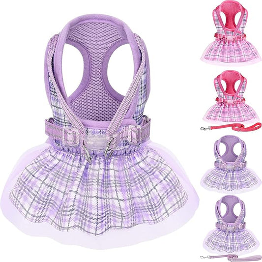 Dog Harness Dress, Plaid Dog Harness Dress with Leash Set, Summer Cute Pet Dog Clothes,Girl Puppy Dresses for Girl Small Dogs, Chihuahua Harness (Purple Harness, XX-Small)
