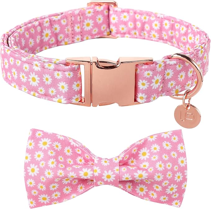 Summer Dog Collar with Bow Tie, Cotton Cute Bowtie Dog Collar, Pink Bowtie Collar for Large Boy Girl Dog, Comfortable Blue Dog Collar with Metal Buckle, L