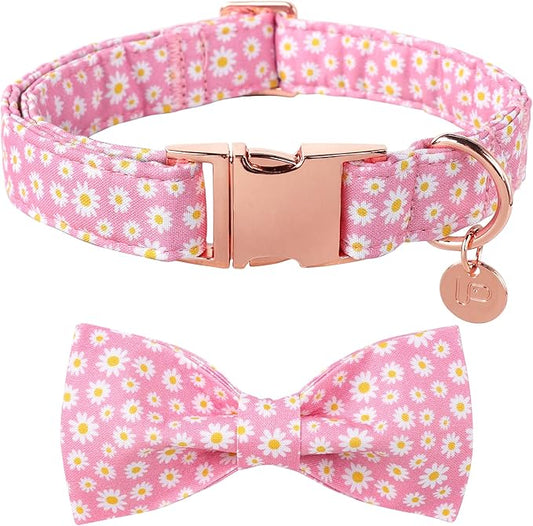 Summer Dog Collar with Bow Tie, Cotton Cute Bowtie Dog Collar, Pink Bowtie Collar for Large Boy Girl Dog, Comfortable Blue Dog Collar with Metal Buckle, L