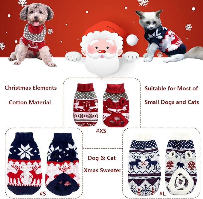 3Pcs Christmas Dog Sweater Costume Xmas Cat Knitwear Clothes Navy Blue White and Christmas Red Sweaters with Reindeers Snowflakes Pattern for Kitten Cat Puppy Dog XS
