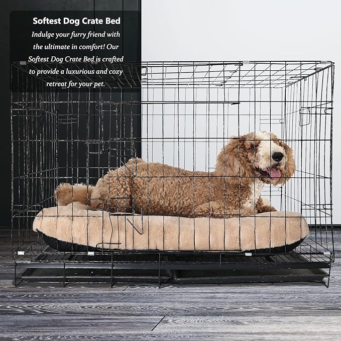 Dog Beds Large Sized Dog Washable fit Metal Crates or Kennel,Crate Pad 42x28 with Faux Fur Cage Mat for up to 70 lbs Pet,Extra Soft Crate Mat 42 inch Anti-Slip Bottom,Light Brown
