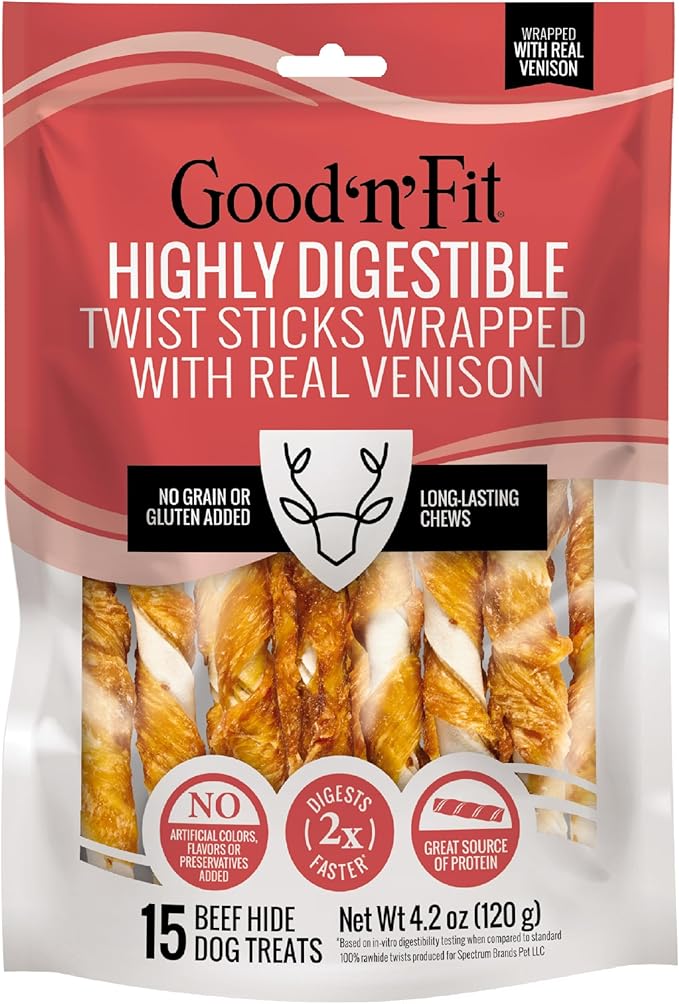 Good ‘n’ Fit Twist Sticks Made with Real Venison, 15 Count, Treat Your Dog to Long-Lasting and Highly Digestible Rawhide Chews