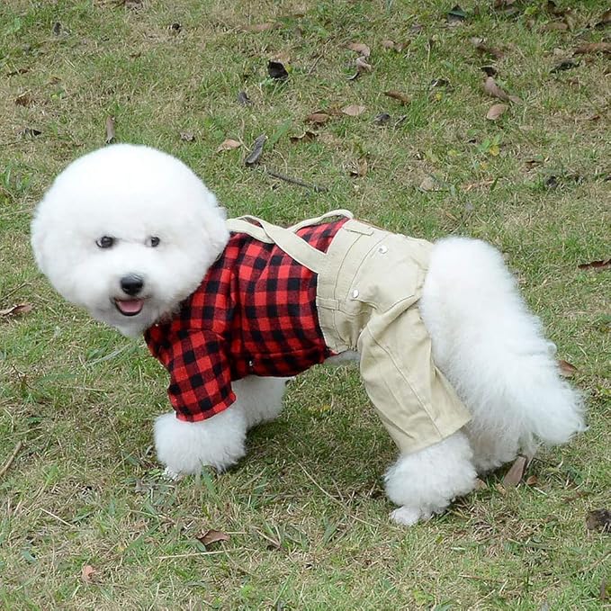 SMALLLEE_LUCKY_STORE Pet Clothes for Small Dog Cat Red Plaid Shirts Sweater with Khaki Overalls Pants Jumpsuit Outfits S