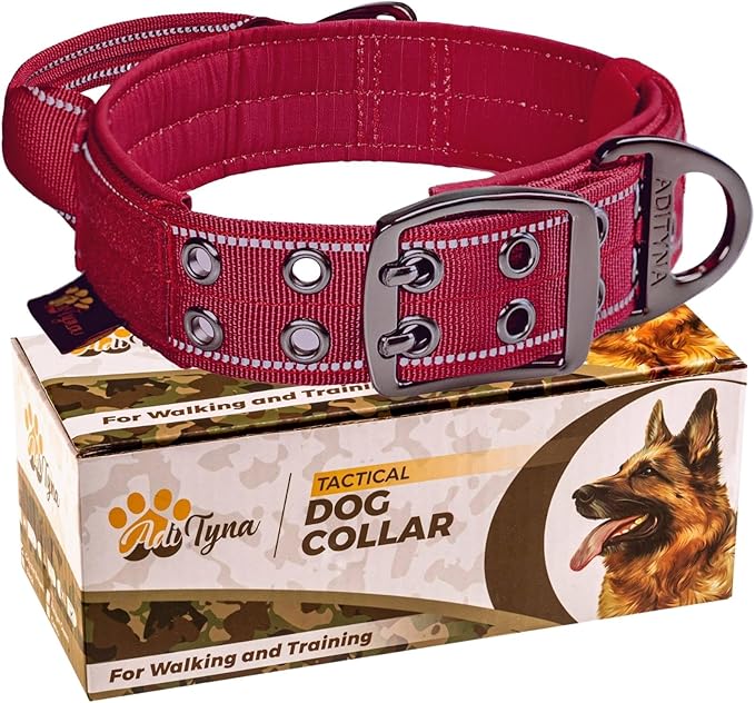 ADITYNA Heavy Duty Dog Collar for Large Dogs - Reflective Burgundy Collar with Handle for Training, and Walking - Wide, Thick, Tactical, Soft Neoprene Padded