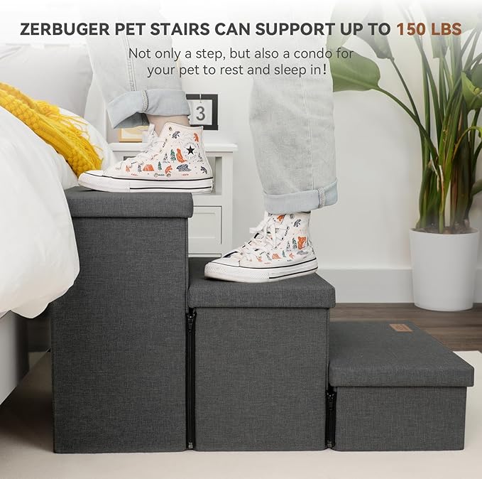 Dog Stairs with Storage 18" H, 3-Step Wider Dog Steps for Small/Medium/Large Old Dogs Cats, Folding Sturdy Pet Stairs Climbing Bed Couch, Ramp for Car Hold Up to 200 lbs (Dark Grey, No Condo)