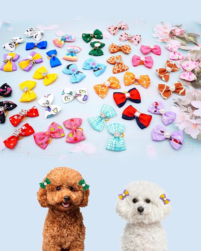 PET SHOW 60 Pack 20 Set Small Dog Hair Bows with Rubber Bands and Bowties for Dogs Boys and Girls Adjustable Pet Collar Bow Ties Hair Grooming Accessories Assorted