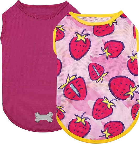 KYEESE 2 Pack Dog Shirts for Medium Dogs Quick Dry Breathable Pet Summer T-Shirts with Reflective Label Tank Top Sleeveless Vest Dog Apparel Strawberry Pattern Sun-Blocking, XX-Large, Strawberry+Rose