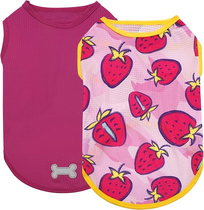 KYEESE 2 Pack Dog Shirt for Small Dogs Quick Dry Lightweight Dog T-Shirts with Reflective Label Tank Top Sleeveless Vest Cat Shirts for Summer UV Protection Strawberry Pattern, Small, Strawberry+Rose
