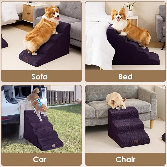 EHEYCIGA Curved Dog Stairs Ramp for High Beds 22.6" H, 5-Step Dog Steps for Small Dogs and Cats, Pet Stairs for High Bed Climbing, Non-Slip Balanced Pet Step Indoor, Purple