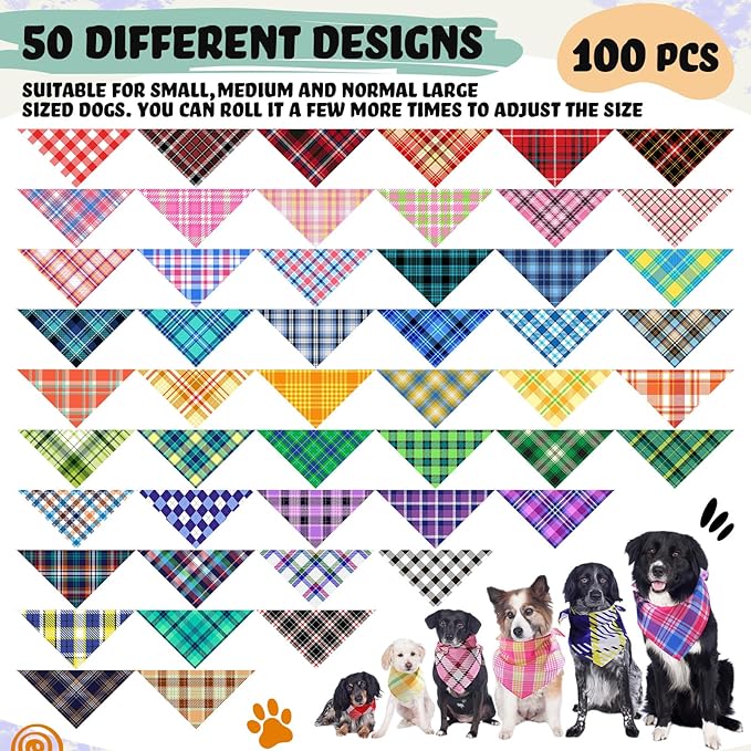 Sweetude 100 Pcs Plaid Dog Bandanas Bulk Pet Triangle Scarf Bibs Washable Puppy Kerchief Adjustable Grooming Supplies for Small Medium Large Dog Cat Costume Accessories