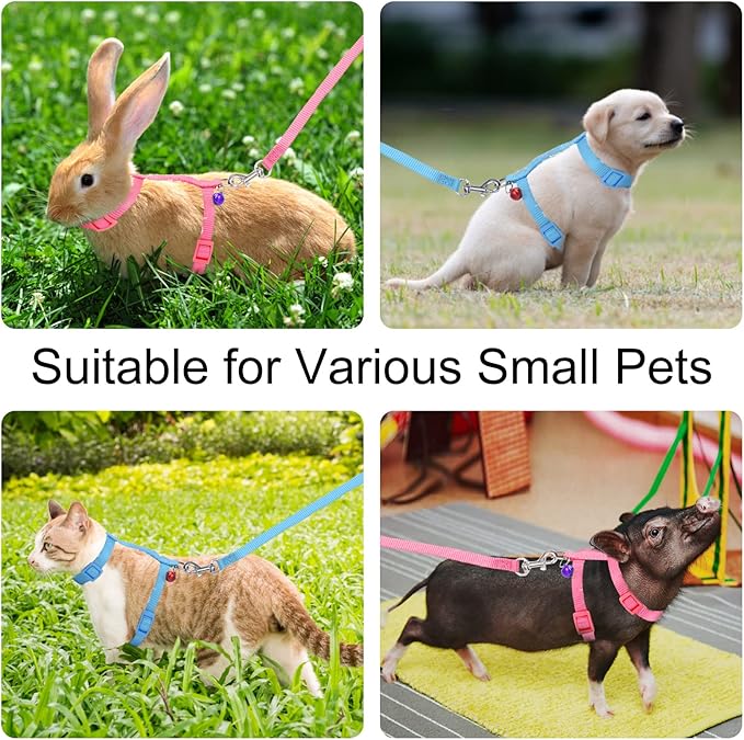 2 Pack Rabbit Harness Leash - Persuper Bunny Cat Leash Adjustable Soft Nylon Small Animal Harness Set for Walking Running Outdoor Use with Safe Bell for Puppy Dog, Pig, Kitten, Ferret, Mini Pet