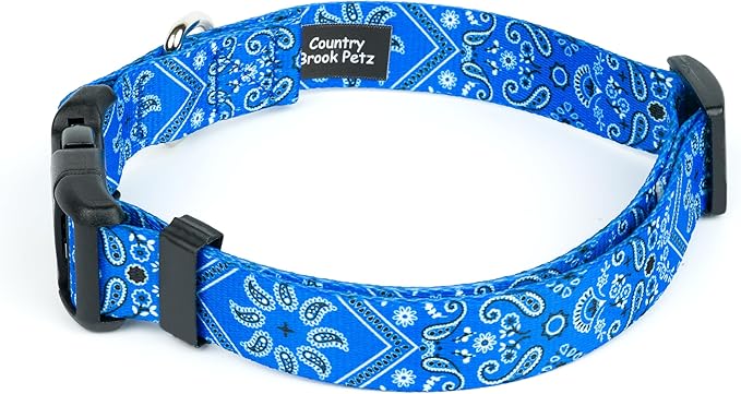 Country Brook Petz - Deluxe Blue Bandana Dog Collar - Made in The U.S.A. - Country and Western Collection Featuring Rugged Designs (5/8 Inch, Small)