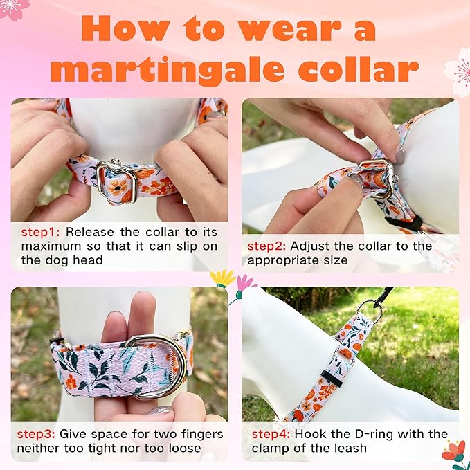 Hikiko Martingale Collar for Dogs with No Buckle Flower Dog Collars Comfortable Nylon Training Collar for Small Dogs,Retro Orange Flower,S