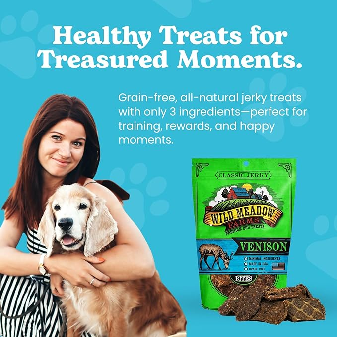 Wild Meadow Farms - Classic Venison Bites, Soft Jerky Treats for Dogs, Grain-Free & All-Natural, Ideal for Training, Portioning, and High-Value Rewards for All Breeds & Ages - 3.5 Ounce Pouch
