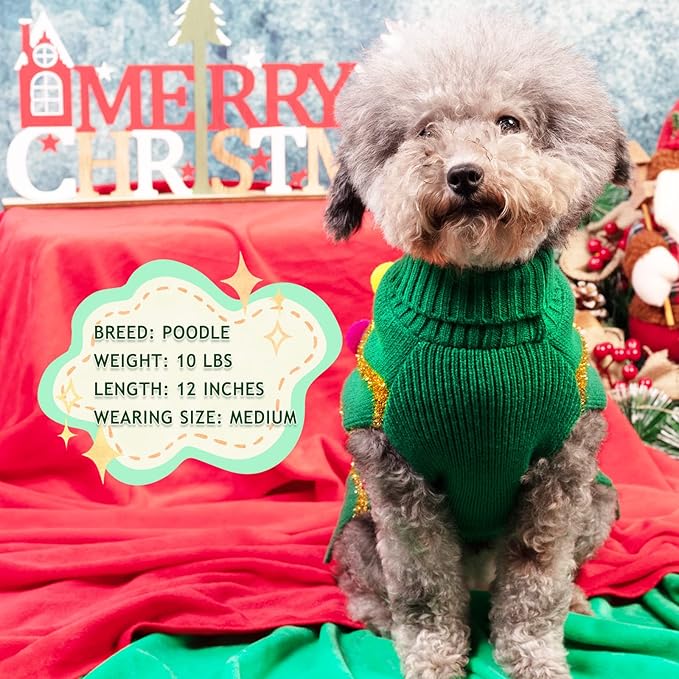 Cyeollo Glitter Turtleneck Dog Sweater - Holiday Winter Clothes with Leash Hole for Small Dogs