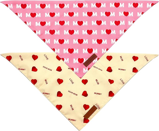 Realeaf Mothers Day Dog Bandanas 2 Pack, Reversible I Love My Mom Pet Scarf for Boy and Girl, Premium Durable Fabric, Valentines Day Bandana for Medium Large Dogs (Large)