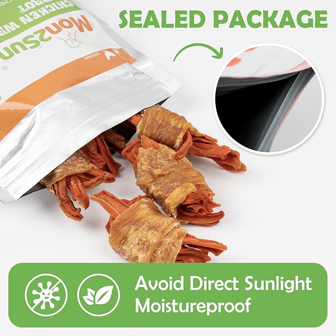 MON2SUN Rawhide Free Dog Treats, Chicken Wrapped Carrot Snacks, Healthy and Natural Chews for Small Dogs, 10.6oz (15 Count - Pack of 1)