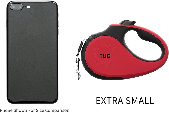 TUG Tiny 360° Tangle-Free Retractable Dog Leash with Anti-Slip Handle | 10 ft Nylon Tape | One-Handed Brake, Pause, Lock (Red)