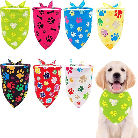 7 PCS Small Dog Bandanas Paw Print 25 Inch Polyester Dogs Bandana for Medium Cats Large Scarves Party Grooming M
