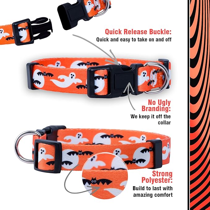 Native Pup Halloween Dog Collar- Spooky Fall Themed Horror Costume Collars- Skull, Pumpkin, Ghost, Bat, Witch, Candy Corn, Spider- Adjustable for Small, Medium, Large Breeds (Medium, Ghosts)