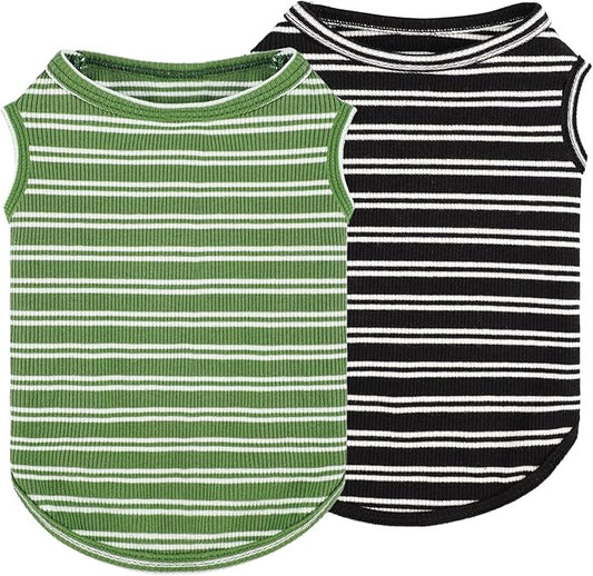 2Pack Dog Shirts for Small Dogs Girl Boy Striped Dog Shirt Vest Soft Stretchy Puppy Clothes Sleeveless Colorful Sweatshirt Small Puppy Outfit for Chihuahua Yorkie, Black+Green, M