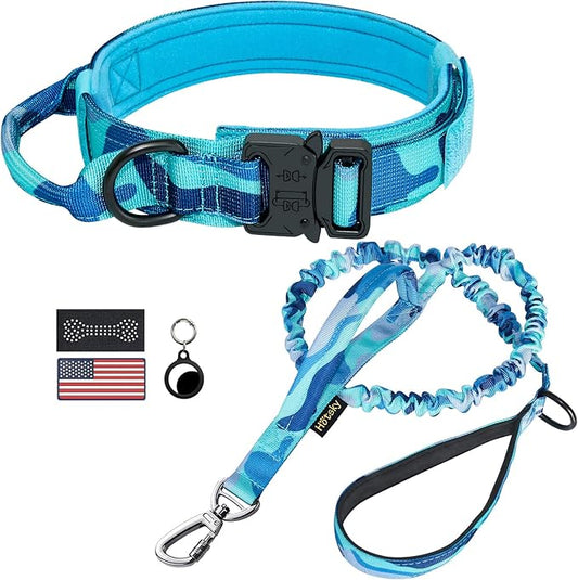 Hotsky Tactical Dog Collar and Leash Set, Heavy Duty Military Airtag Dog Collar with Handle and Metal Buckle for Training and Walking, with Airtag Holder and Two Patches (Blue Camo, M)