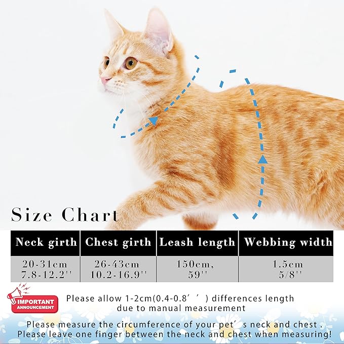 Cat Harness and Leash Set, Adjustable Kitten Harness Escape Proof Cats Harness, Soft Lightweight Walking Travel Pet Harness, Cute Kitty Harness Leash Set for Small Medium Cats, Blue Daisy