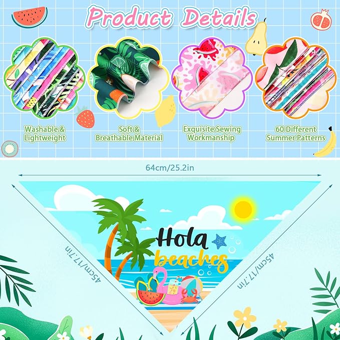60Pcs Spring Summer Dog Bandanas Bulk Hawaiian Dog Scarves Hawaii Fruit Triangle Puppy Bandanas Washable Adjustable Pet Bandana for Small Medium Large Dog Puppy Pet Grooming Accessories