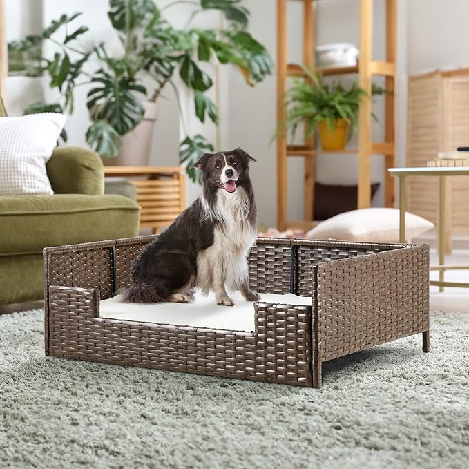 YITAHOME Rattan Dog Sofa Bed with Cushion,Wicker Pet Bed Sofa Couch Indoor Outdoor Water Resistant for Large Medium Small Dogs Cats (34.6''L*23.6''W*11.8''H,Beige)