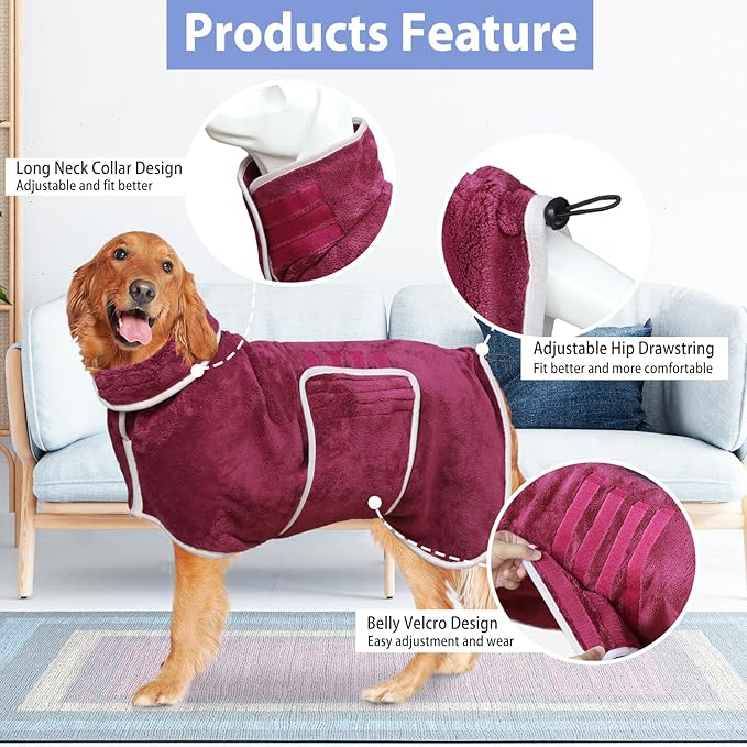 Dog Bathrobe Towel Drying Coat - Super Absorbent Dog Towels Bath Robe for Drying Dogs Large, Soft Adjustable Collar & Belly Strap Fast Drying Coat Pet Dog Cat Bath Robe Towel (Grey, Small)